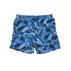 Lands' End Palm Print Blue Drawstring Lined Swim Trunks Men XXL 44-46 Pockets